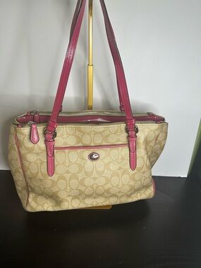 Coach F24603 Peyton Pink Khaki Signature Double Zip Closure Bag